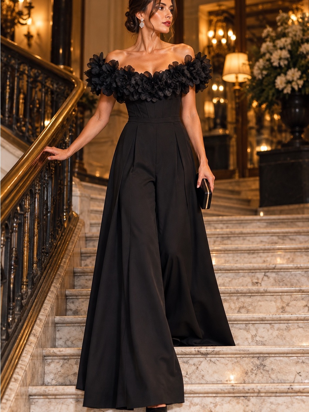 IEENA FOR MAC DOUGAL Black 3D Wide Leg Jumpsuit Gala Cocktail Evening Wear, S